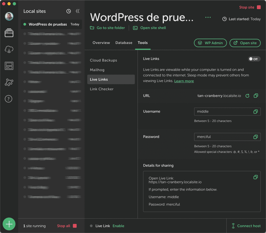 Live Link editor de usuario, contraseña y URL permanente